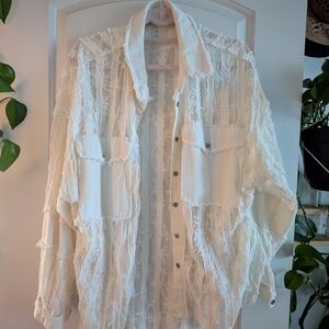 Women's Cream Button-Down Sheer Fringe Shirt